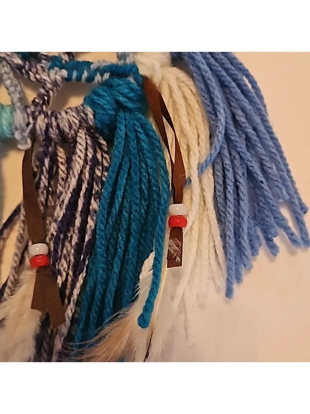 Hand Knit Crochet Dreamcatcher Brown Blue Yarn Feathers